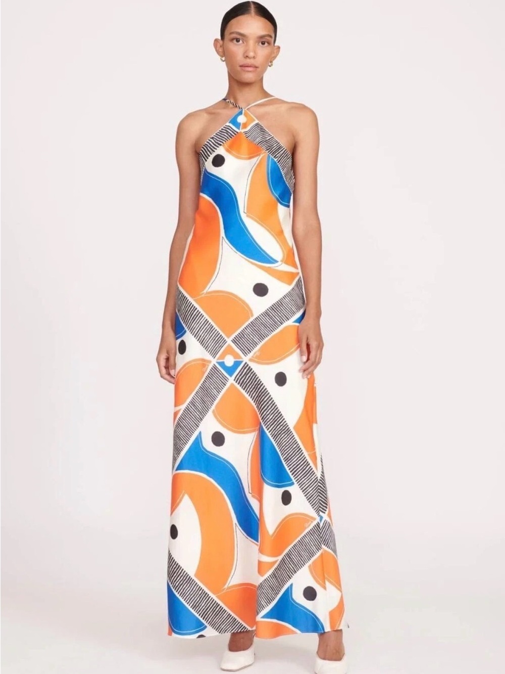 NWT Staud Cubism Satin Halter Maxi Gown Dress Mod Foulard XS